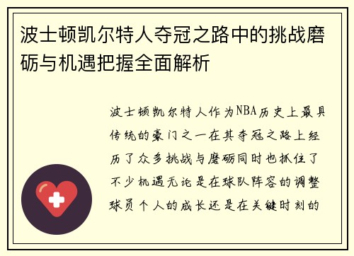 波士顿凯尔特人夺冠之路中的挑战磨砺与机遇把握全面解析