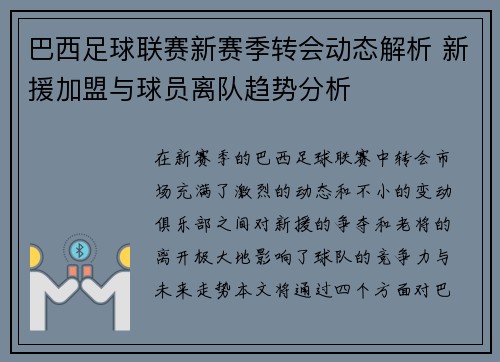 巴西足球联赛新赛季转会动态解析 新援加盟与球员离队趋势分析