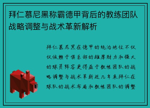 拜仁慕尼黑称霸德甲背后的教练团队战略调整与战术革新解析