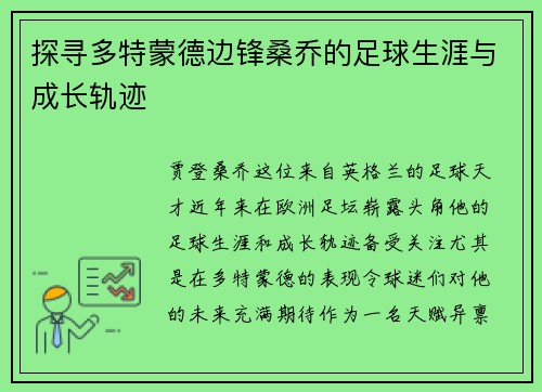 探寻多特蒙德边锋桑乔的足球生涯与成长轨迹