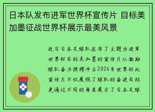 日本队发布进军世界杯宣传片 目标美加墨征战世界杯展示最美风景
