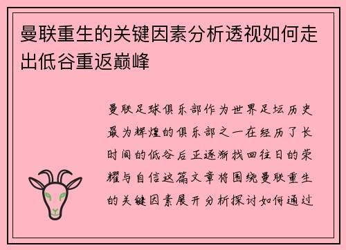 曼联重生的关键因素分析透视如何走出低谷重返巅峰